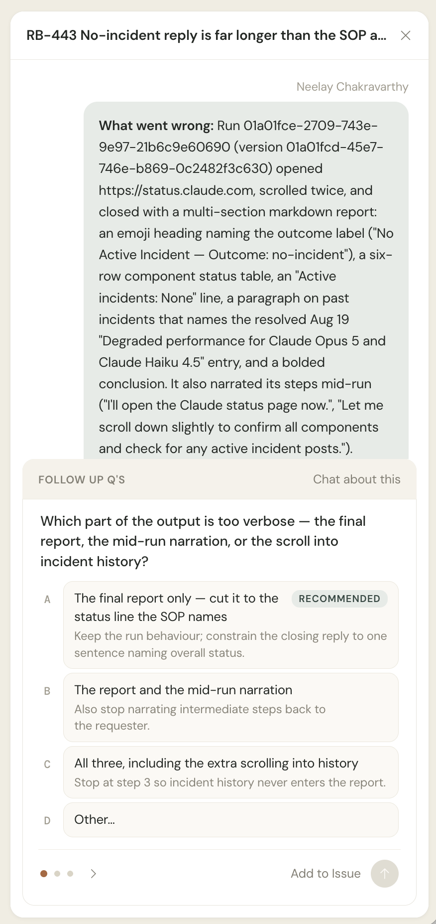Autofix chat embedded in the issue with follow-up questions