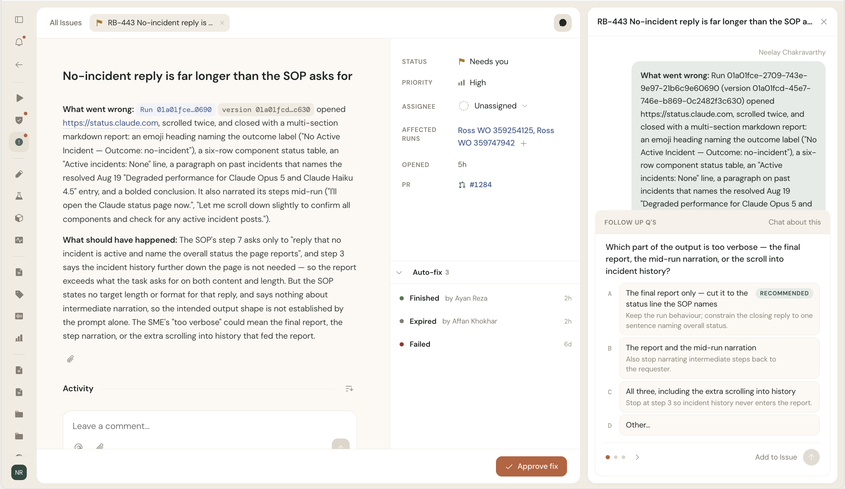 The old issue detail: what went wrong, what should have happened, auto-fix attempts, follow-up questions